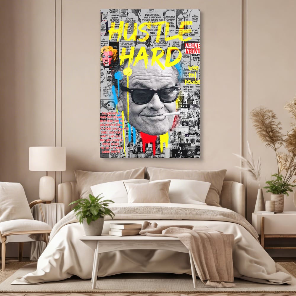 Tablou canvas cu tablou portret jack nicholson cu ochelari si tigara, fara rama, pe sasiu de lemn, pe perete intr-un dormitor
